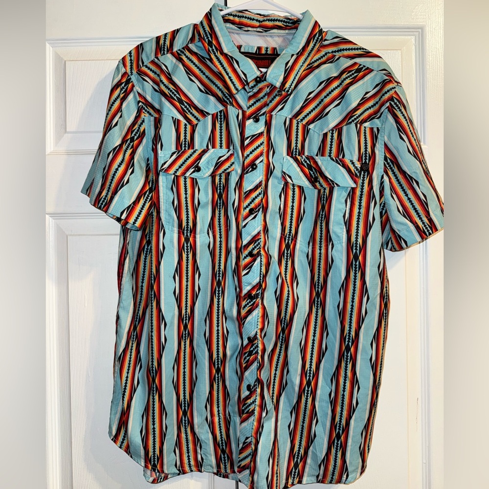 Casual Short Sleeve Striped Button-Down Shirt - Light Blue Multi